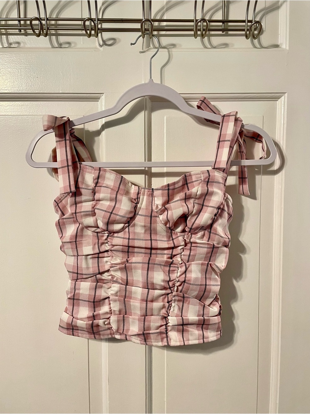 Pink Plaid Tie-Strap Ruched Crop Top
